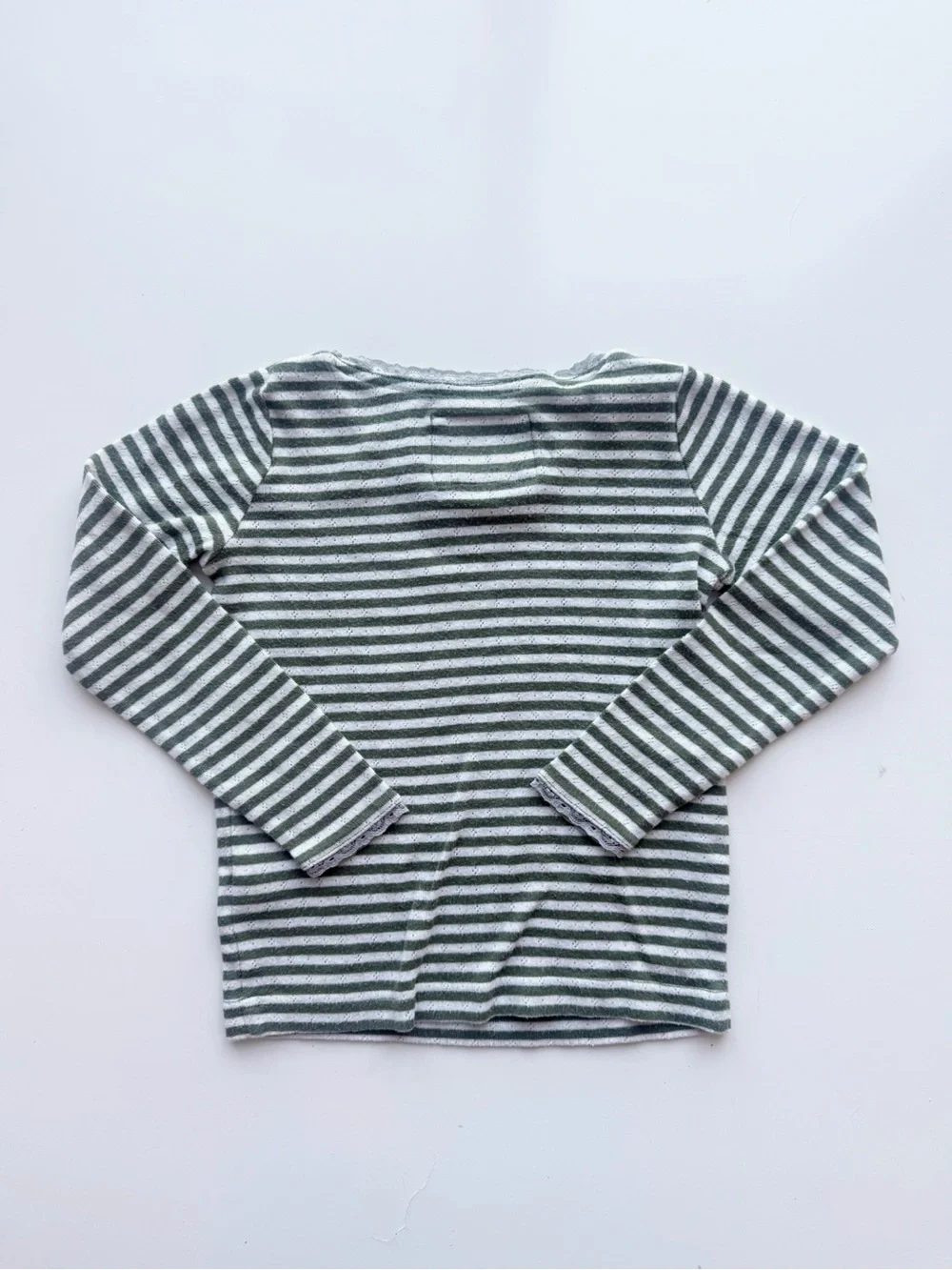 Mini Boden Striped Pointelle Long Sleeved Tee Green and White Size 5/6